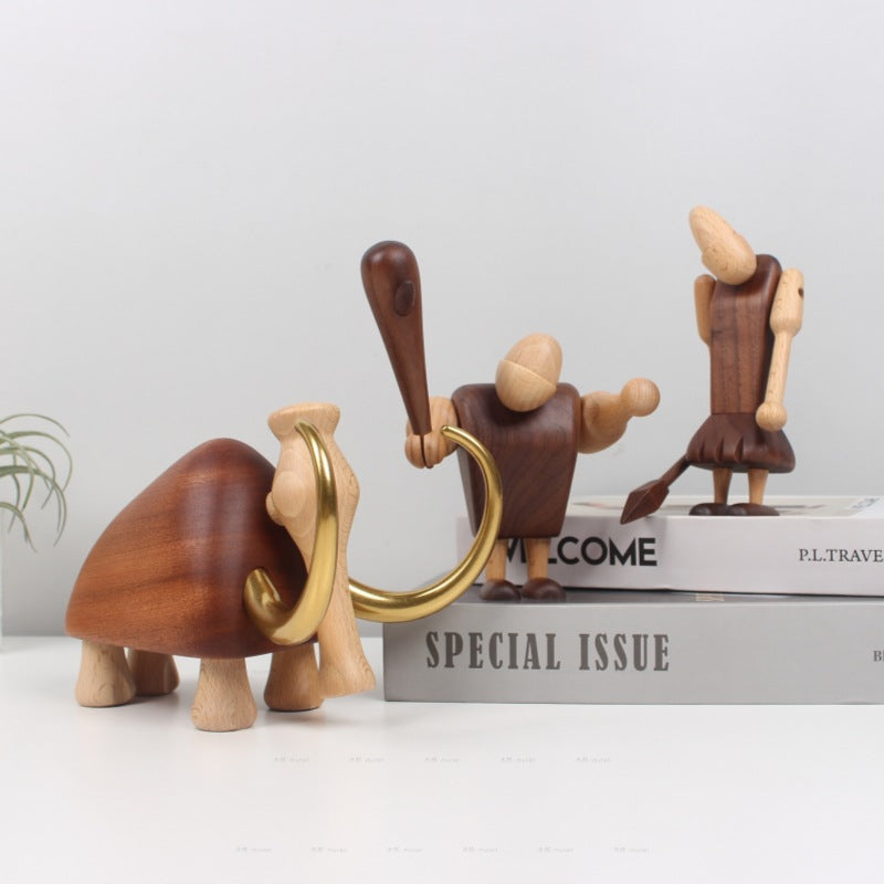 Handcrafted Wooden Mammoth Figurine with Brass Tusks | Nordic Style Home Decor