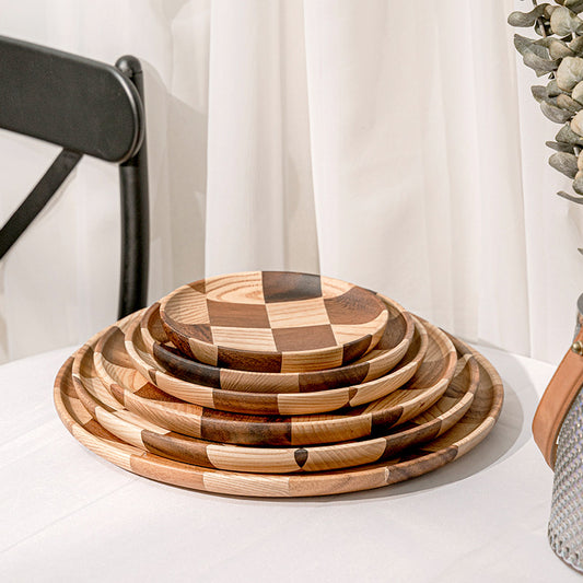 Checkerboard Wooden Plate | Handcrafted Round Wood Serving Tray in 3 Sizes