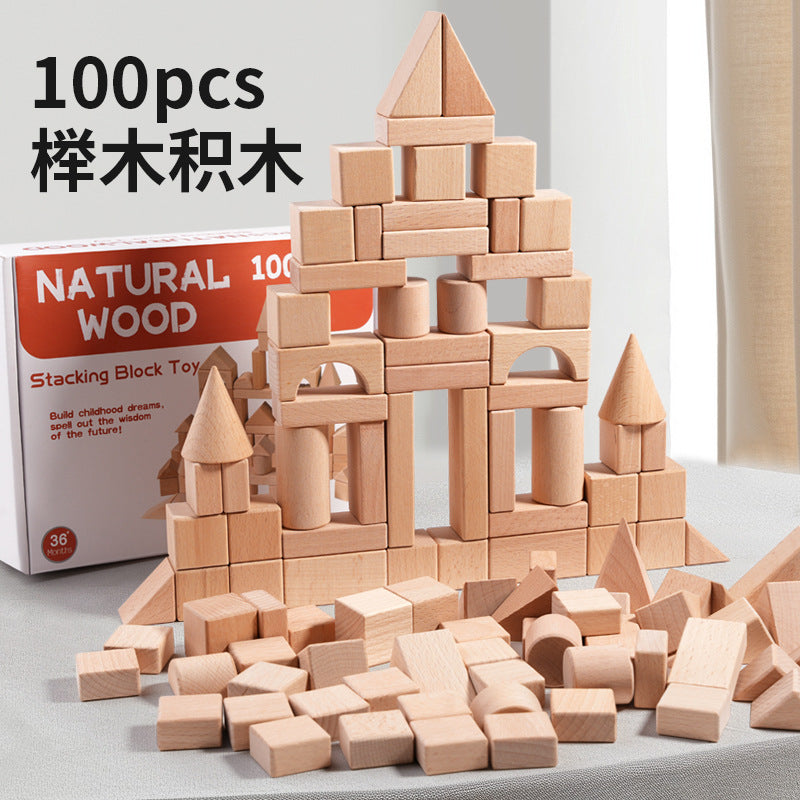 100pcs Natural Wooden Building Blocks Set | Educational Montessori Toy for Toddlers & Kids