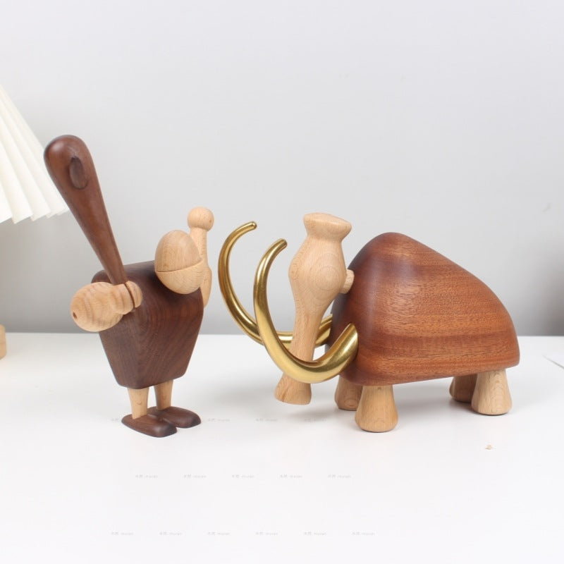 Handcrafted Wooden Mammoth Figurine with Brass Tusks | Nordic Style Home Decor
