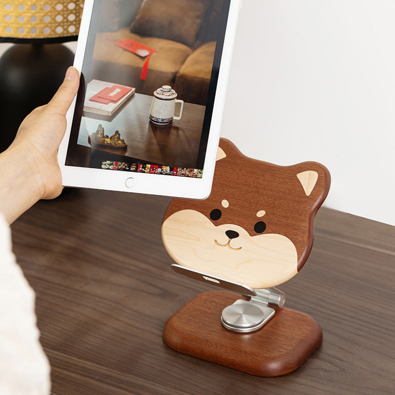 Cute Dog Wooden Phone Stand | Adjustable Solid Wood Desk Holder for Phones & Tablets