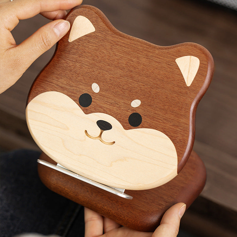 Cute Dog Wooden Phone Stand | Adjustable Solid Wood Desk Holder for Phones & Tablets