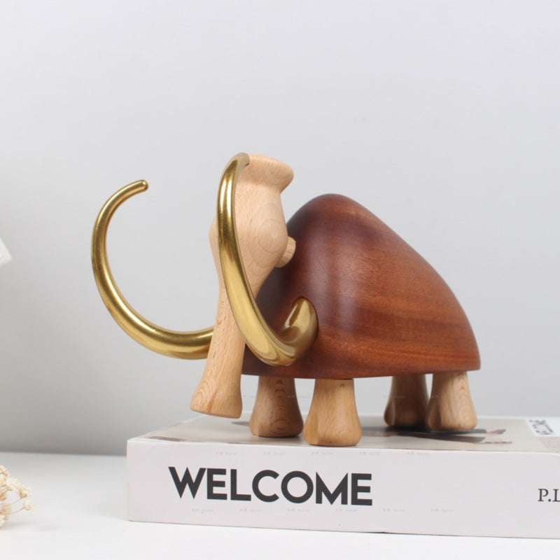 Handcrafted Wooden Mammoth Figurine with Brass Tusks | Nordic Style Home Decor